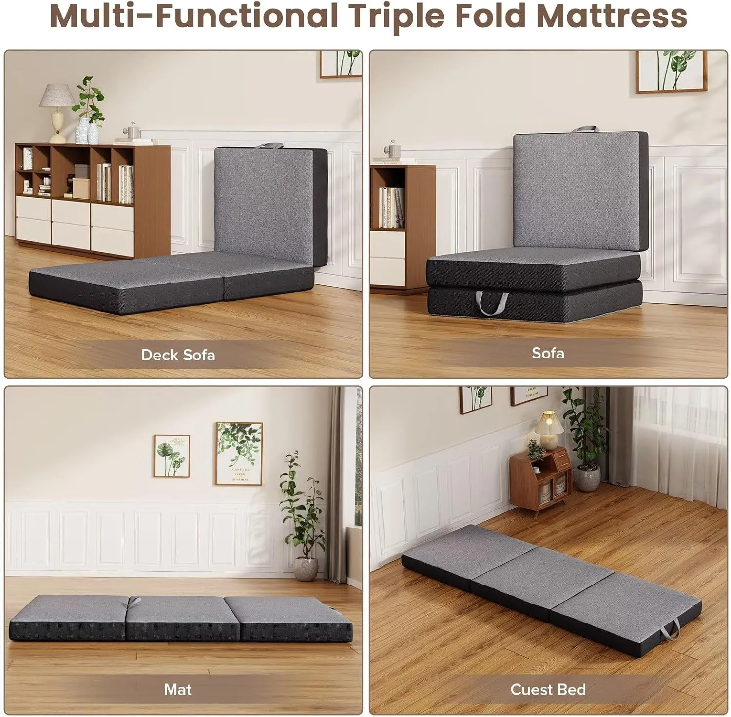 Vamcheer Tri Folding Mattress Single Size - 4 Inch Small Foldable Mattress for Petite Users/Travel/Camping/Guest Room, 75"x25"x4" Tri-Fold Memory Foam Mat with Washable Cover, Handle & Non-Slip Bottom