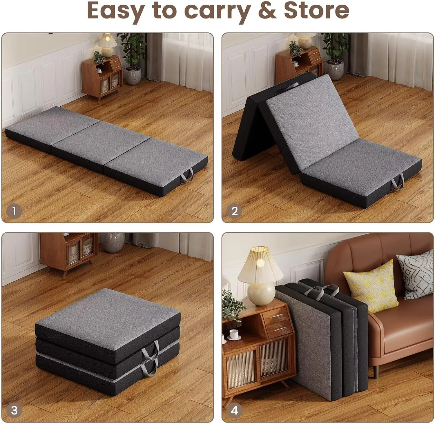 Vamcheer Tri Folding Mattress Single Size - 4 Inch Small Foldable Mattress for Petite Users/Travel/Camping/Guest Room, 75"x25"x4" Tri-Fold Memory Foam Mat with Washable Cover, Handle & Non-Slip Bottom