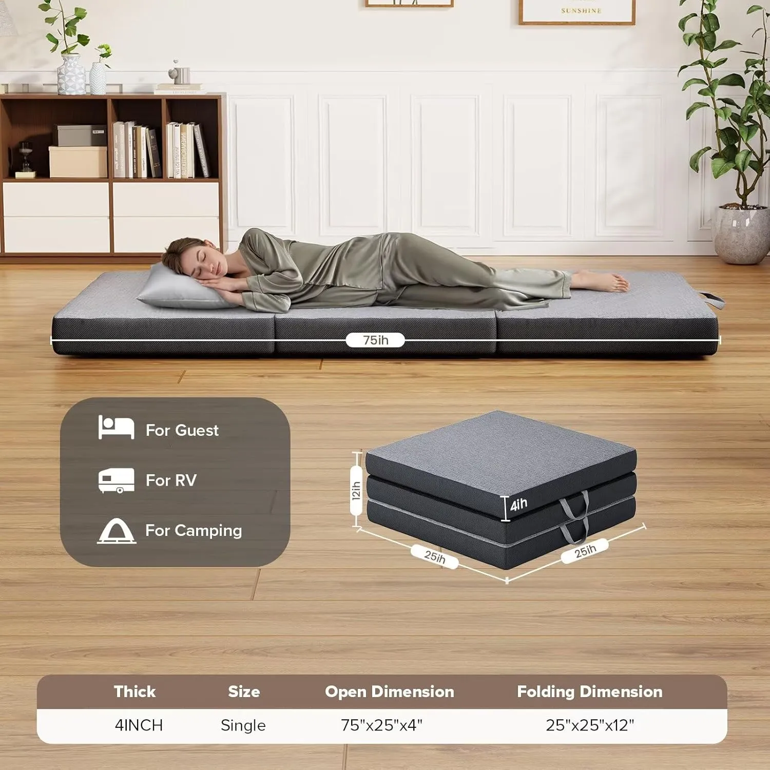 Vamcheer Tri Folding Mattress Single Size - 4 Inch Small Foldable Mattress for Petite Users/Travel/Camping/Guest Room, 75"x25"x4" Tri-Fold Memory Foam Mat with Washable Cover, Handle & Non-Slip Bottom