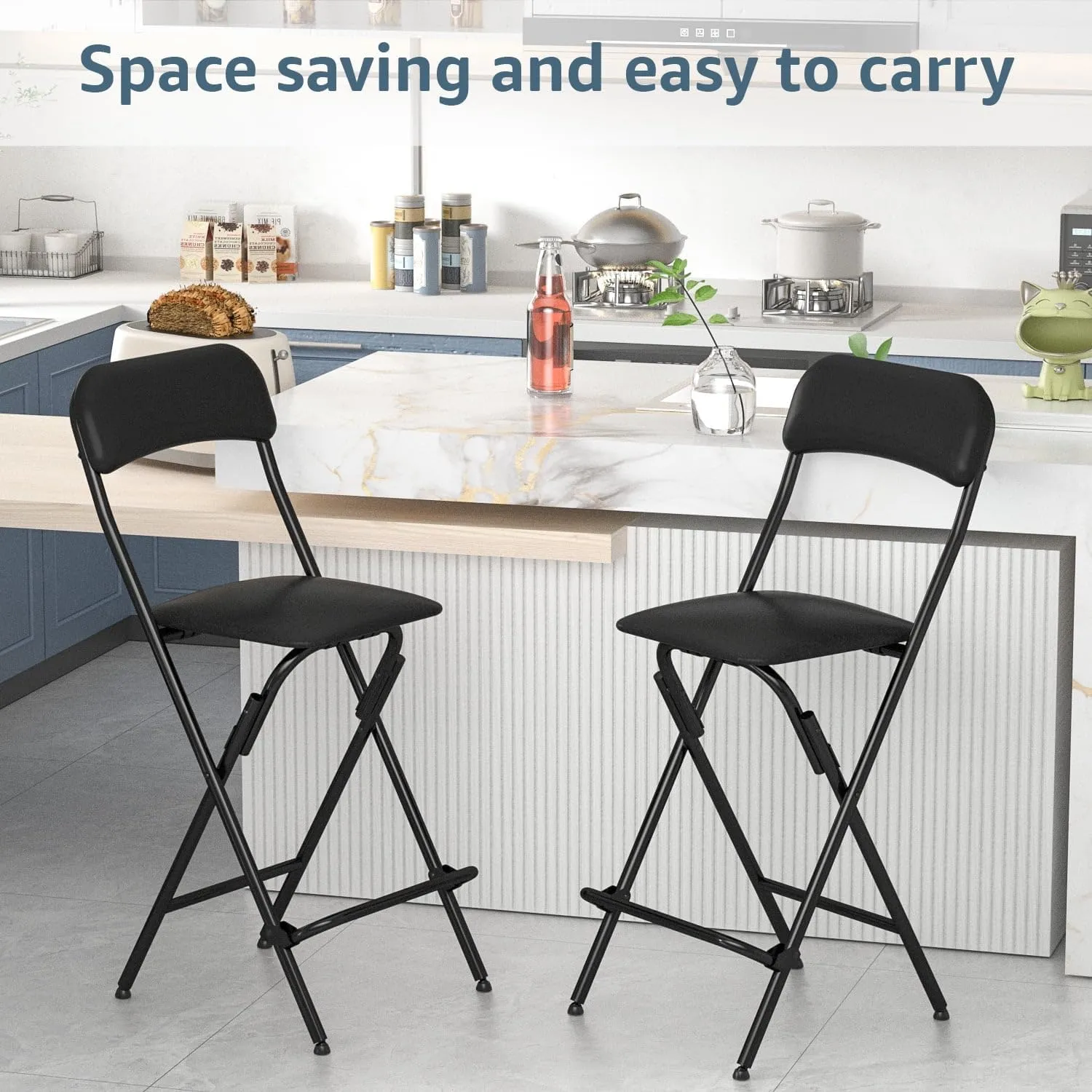 V&LX Folding Bar Stool with Backrest Leather Padded Portable Folding Stool Chair Counter Height Foldable Collapsible Stool for Kitchen Bar 2 Pack (Black, 25" H 2Pack)