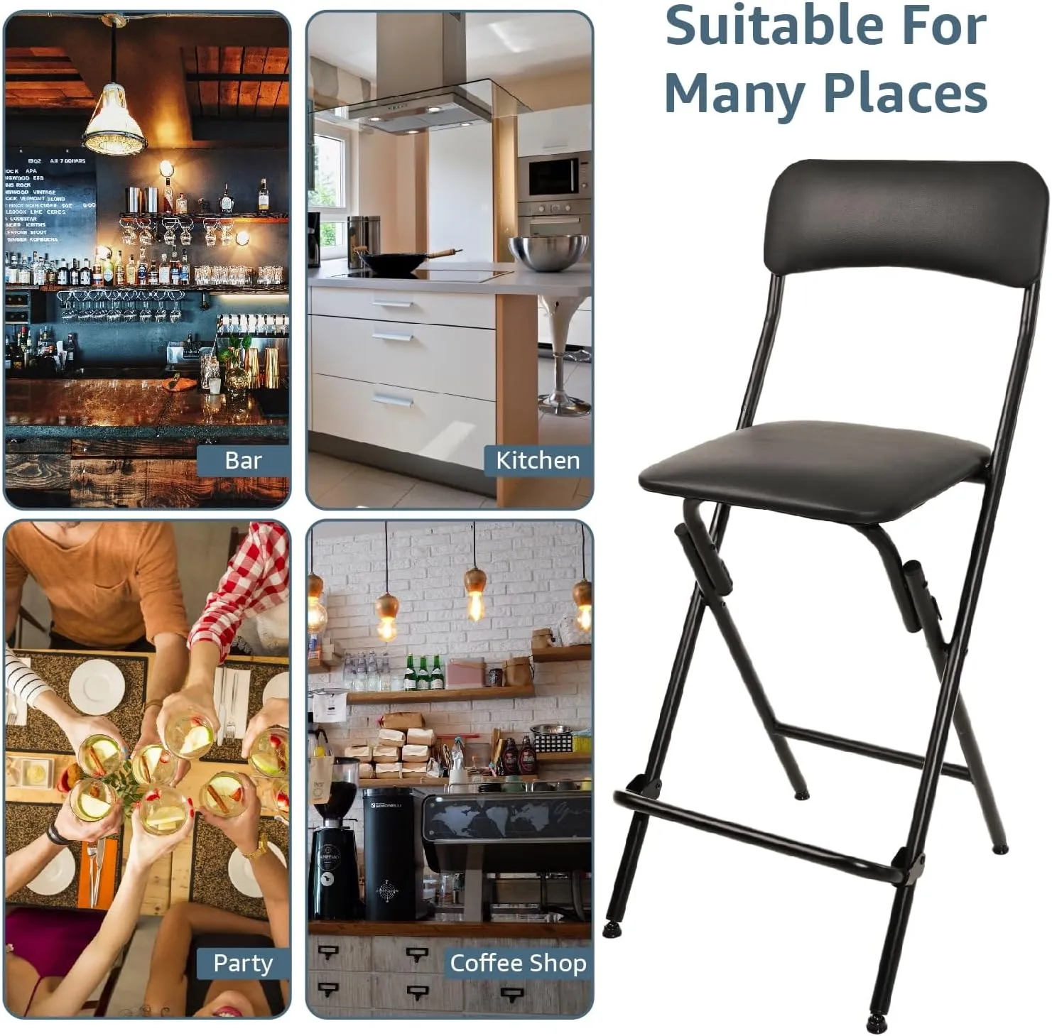 V&LX Folding Bar Stool with Backrest Leather Padded Portable Folding Stool Chair Counter Height Foldable Collapsible Stool for Kitchen Bar 2 Pack (Black, 25" H 2Pack)