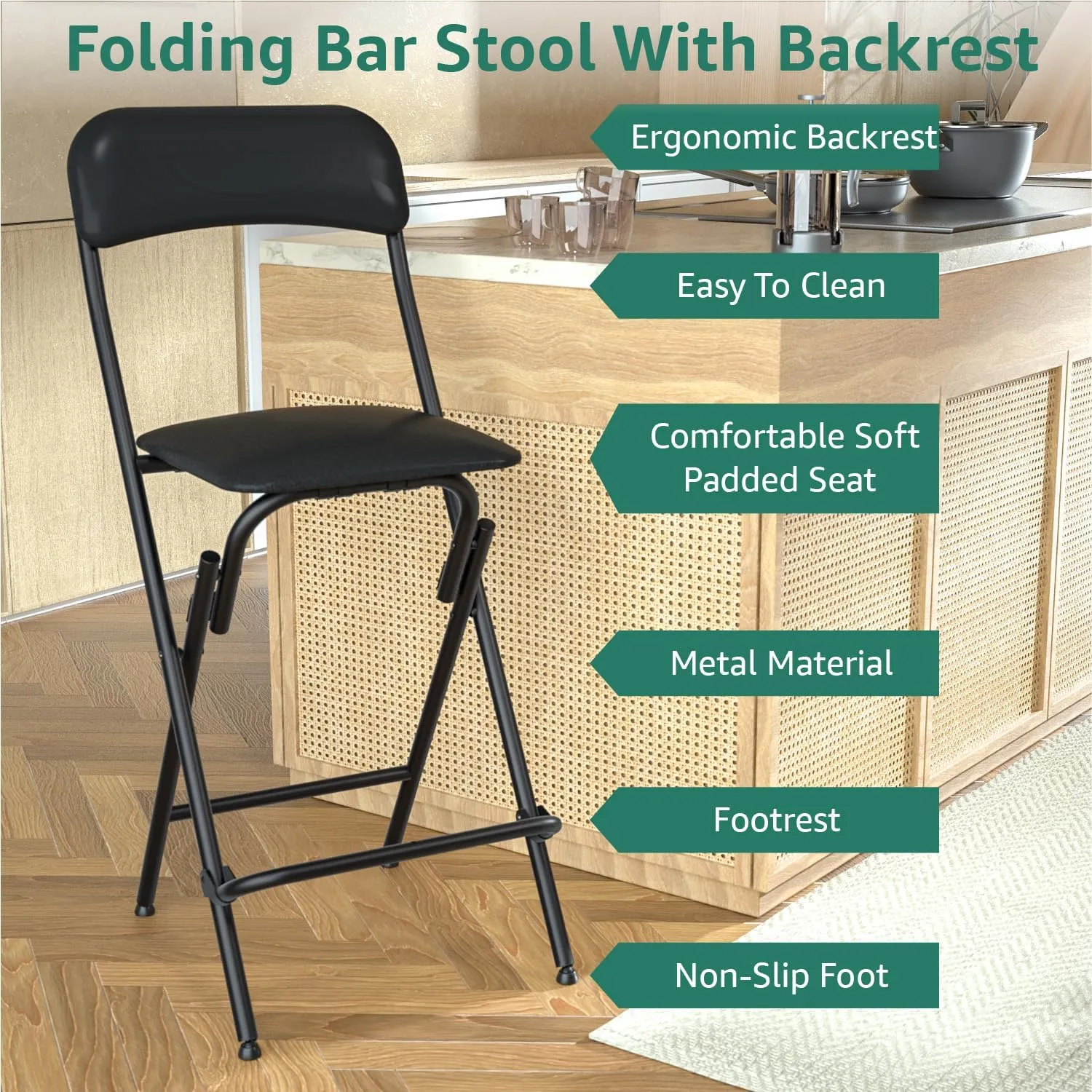 V&LX Folding Bar Stool with Backrest Leather Padded Portable Folding Stool Chair Counter Height Foldable Collapsible Stool for Kitchen Bar 2 Pack (Black, 25" H 2Pack)