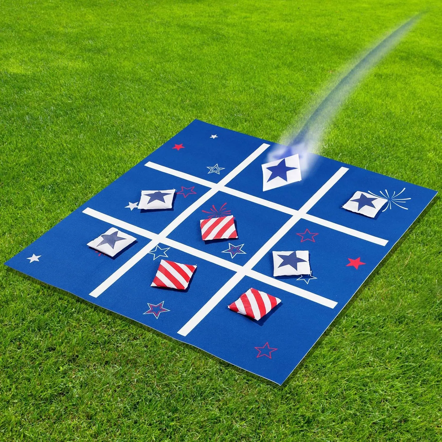 Vanblue 4th of July Tic Tac Toe Bean Bag Toss Game - Giant 3FT Felt Board with 10pcs Red & Blue Bean Bags - Outdoor & Indoor Family Fun Game Set