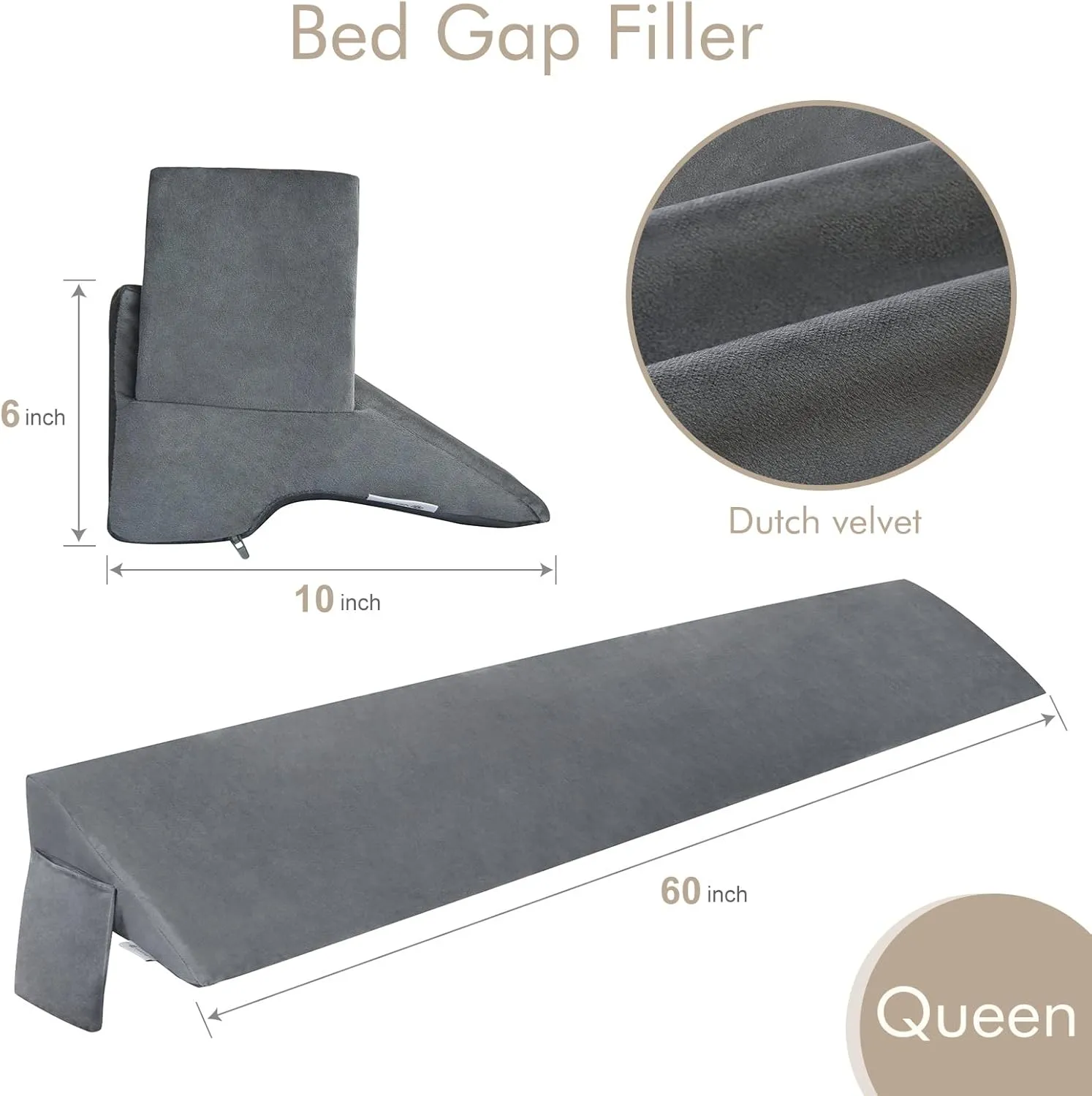Vekkia Queen Bed Wedge Pillow for Headboard Gap Filler(0-5"),High-Density Foam,Prevents Pillows & Items from Falling,Ergonomic Design,Large Storage Pockets, Removable&Washable Cover,Gray,60''x10 x6