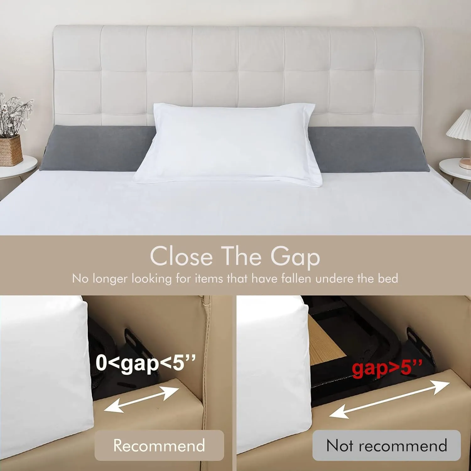 Vekkia Queen Bed Wedge Pillow for Headboard Gap Filler(0-5"),High-Density Foam,Prevents Pillows & Items from Falling,Ergonomic Design,Large Storage Pockets, Removable&Washable Cover,Gray,60''x10 x6