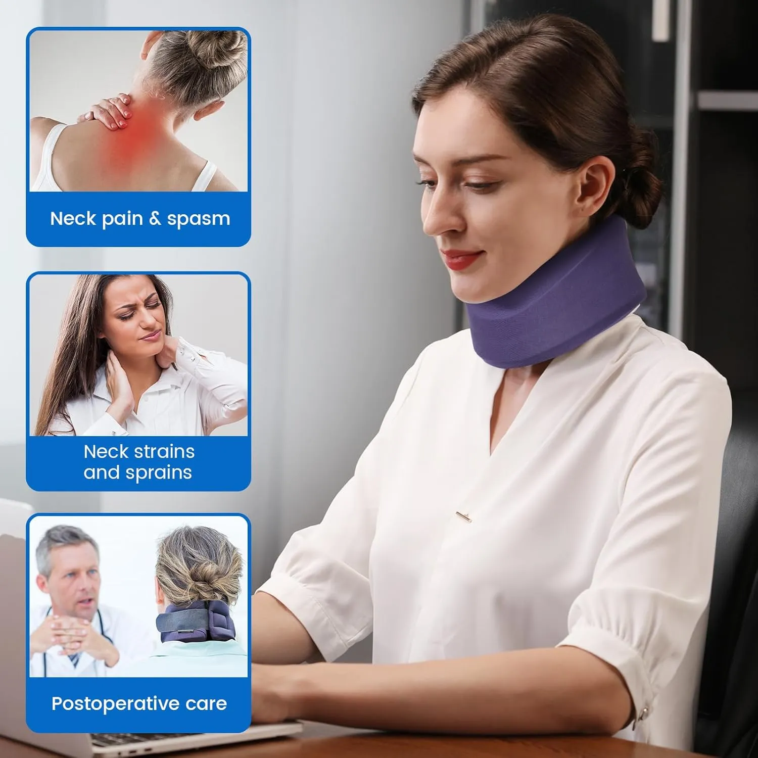 Velpeau Neck Brace for Neck Pain and Strong Support, Soft Cervical Collar for Sleeping Upright, Snoozing - Stabilizes & Relieves Pressure in Spine for Women & Men (Blue, S: 11-13.5" / 3" Depth)