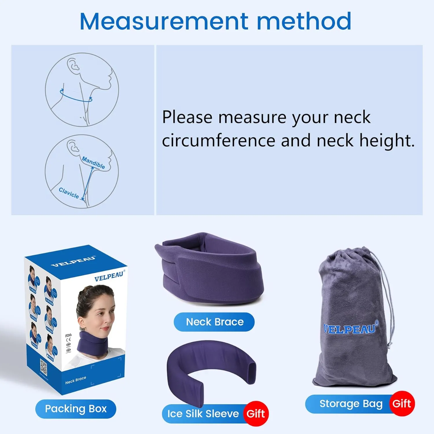 Velpeau Neck Brace for Neck Pain and Strong Support, Soft Cervical Collar for Sleeping Upright, Snoozing - Stabilizes & Relieves Pressure in Spine for Women & Men (Blue, S: 11-13.5" / 3" Depth)