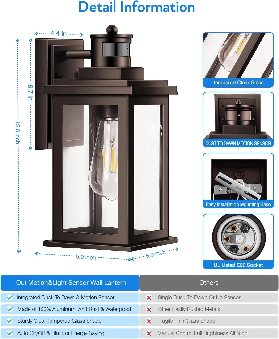 VIANIS Exterior Lights for House with Motion Sensor, Brown Dusk to Dawn Outside Lights for House Lantern, Oil Rubbed Bronze Exterior Lighting Fixtures for Garden, Garage, Doorway, 100% Aluminum