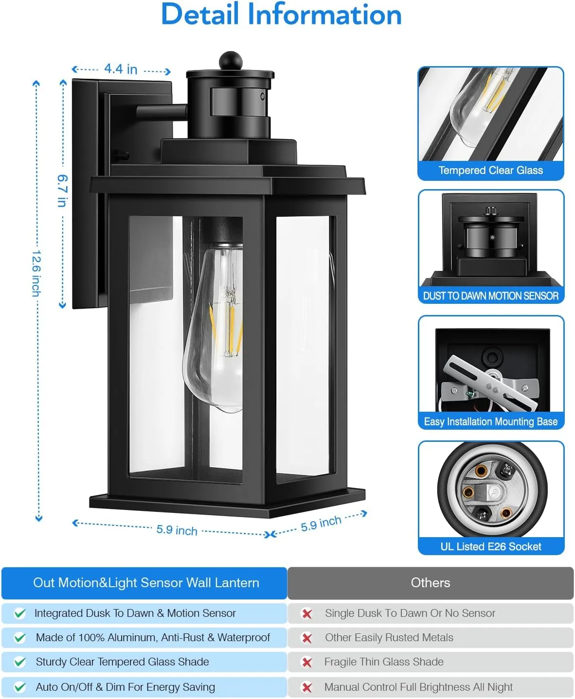 VIANIS Motion Sensor Outdoor Light, 2 Packs Exterior Lights for House, Black Waterproof Dusk to Dawn Outside Porch Lights Lantern for Garage Patio Doorway, Anti-Rust,Brightness Distance Adjustable