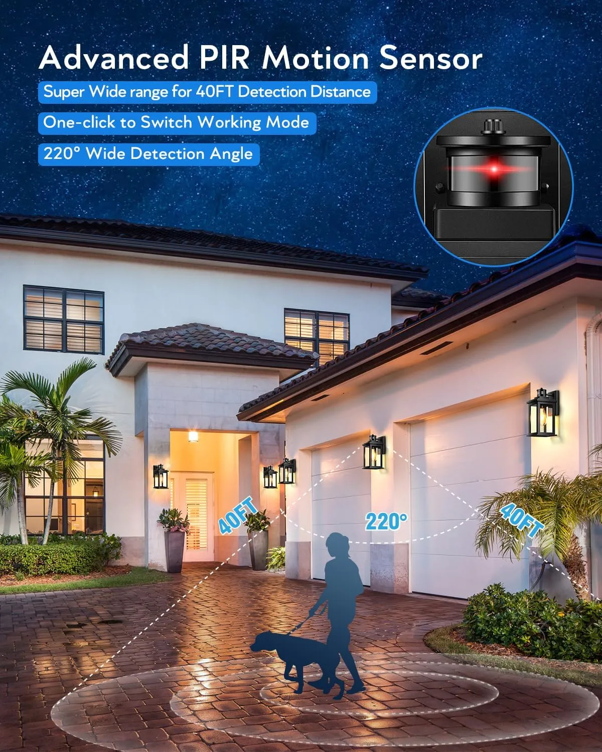 VIANIS Motion Sensor Outdoor Light, 2 Packs Exterior Lights for House, Black Waterproof Dusk to Dawn Outside Porch Lights Lantern for Garage Patio Doorway, Anti-Rust,Brightness Distance Adjustable