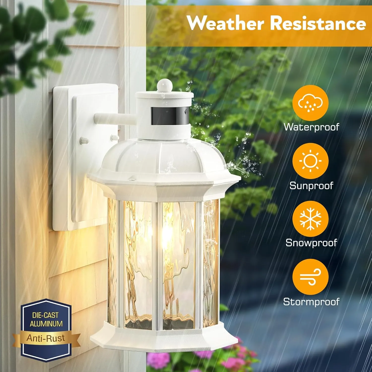 VIANIS White Motion Sensor Exterior Wall Light Lantern, Modern Dusk to Dawn Outdoor Porch Light Fixtures Wall Mount, Waterproof Outdoor Wall Sconce for Garage Entrance with Tempered Water-Ripple Glass