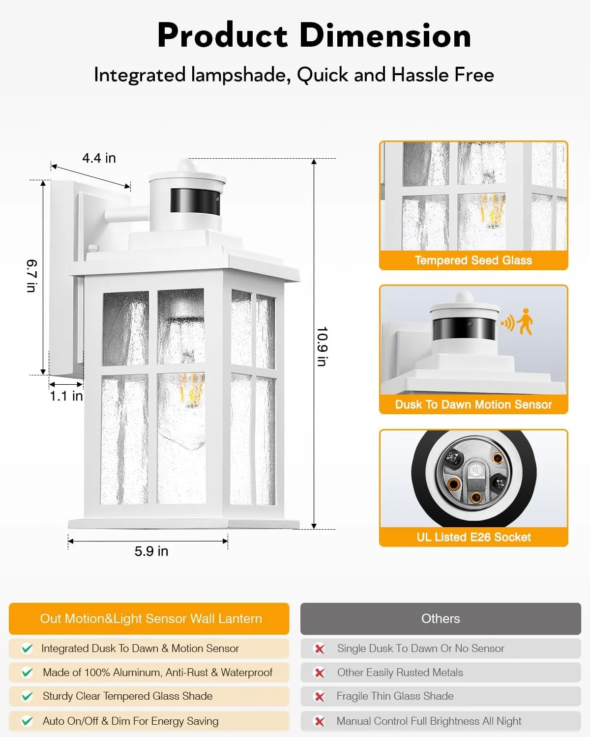 VIANIS White Motion Sensor Outdoor Wall Lights, 2 Packs Front Porch Lights Outdoor Wall Sconce Lantern, Anti-Rust Waterproof Exterior Lighting Fixtures Wall Mount, Dusk to Dawn Outside Garage Lights