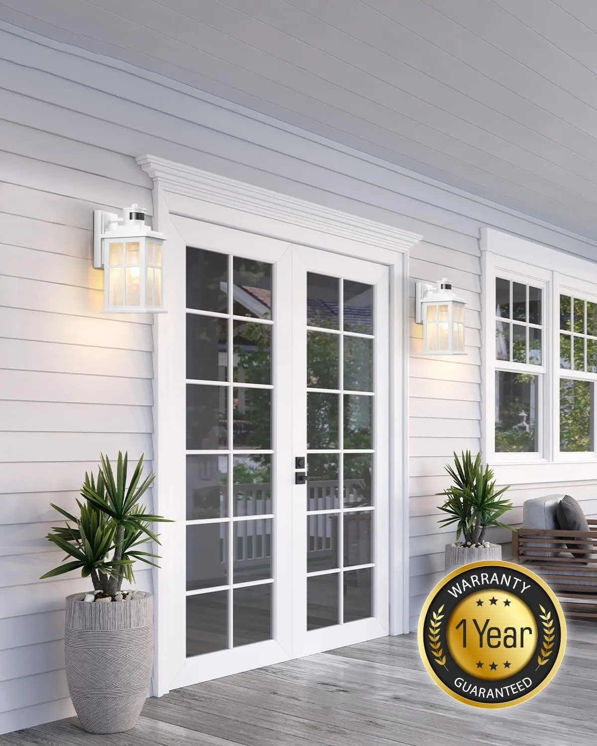 VIANIS White Motion Sensor Outdoor Wall Lights, 2 Packs Front Porch Lights Outdoor Wall Sconce Lantern, Anti-Rust Waterproof Exterior Lighting Fixtures Wall Mount, Dusk to Dawn Outside Garage Lights