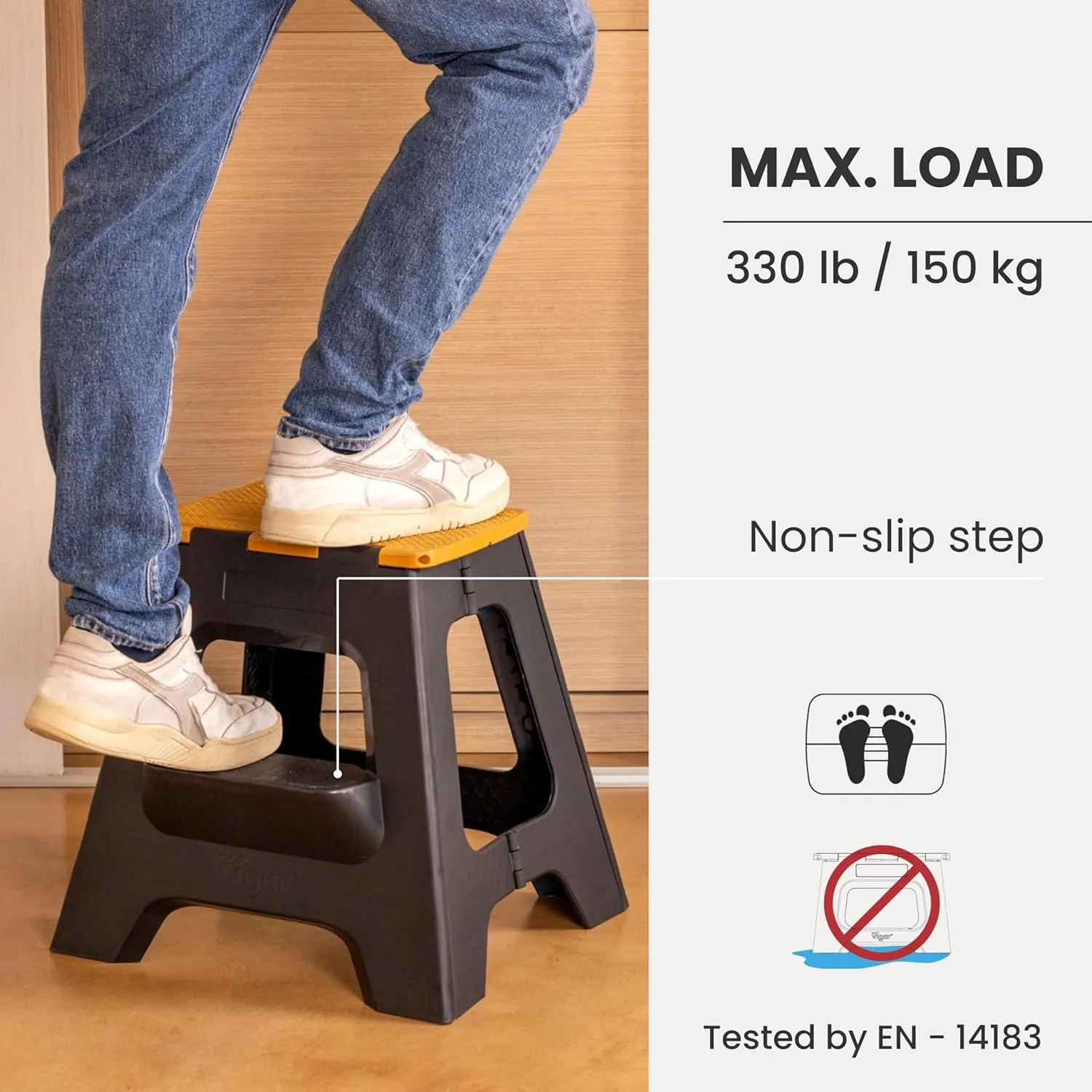 Vigar Compact Step Stool Foldable, 16-inch Two-Step Stools for Adults up to 330 Pound, Lightweight Stool, Non-Slip Folding Step Stool, Black, Bamboo on Top