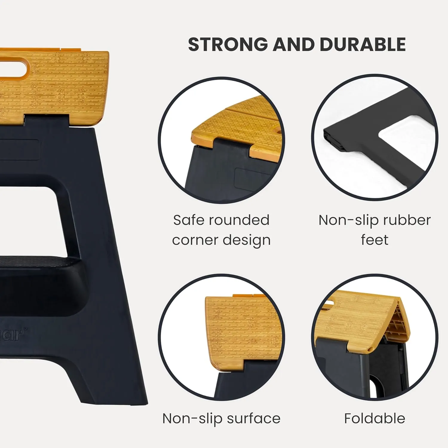 Vigar Compact Step Stool Foldable, 16-inch Two-Step Stools for Adults up to 330 Pound, Lightweight Stool, Non-Slip Folding Step Stool, Black, Bamboo on Top
