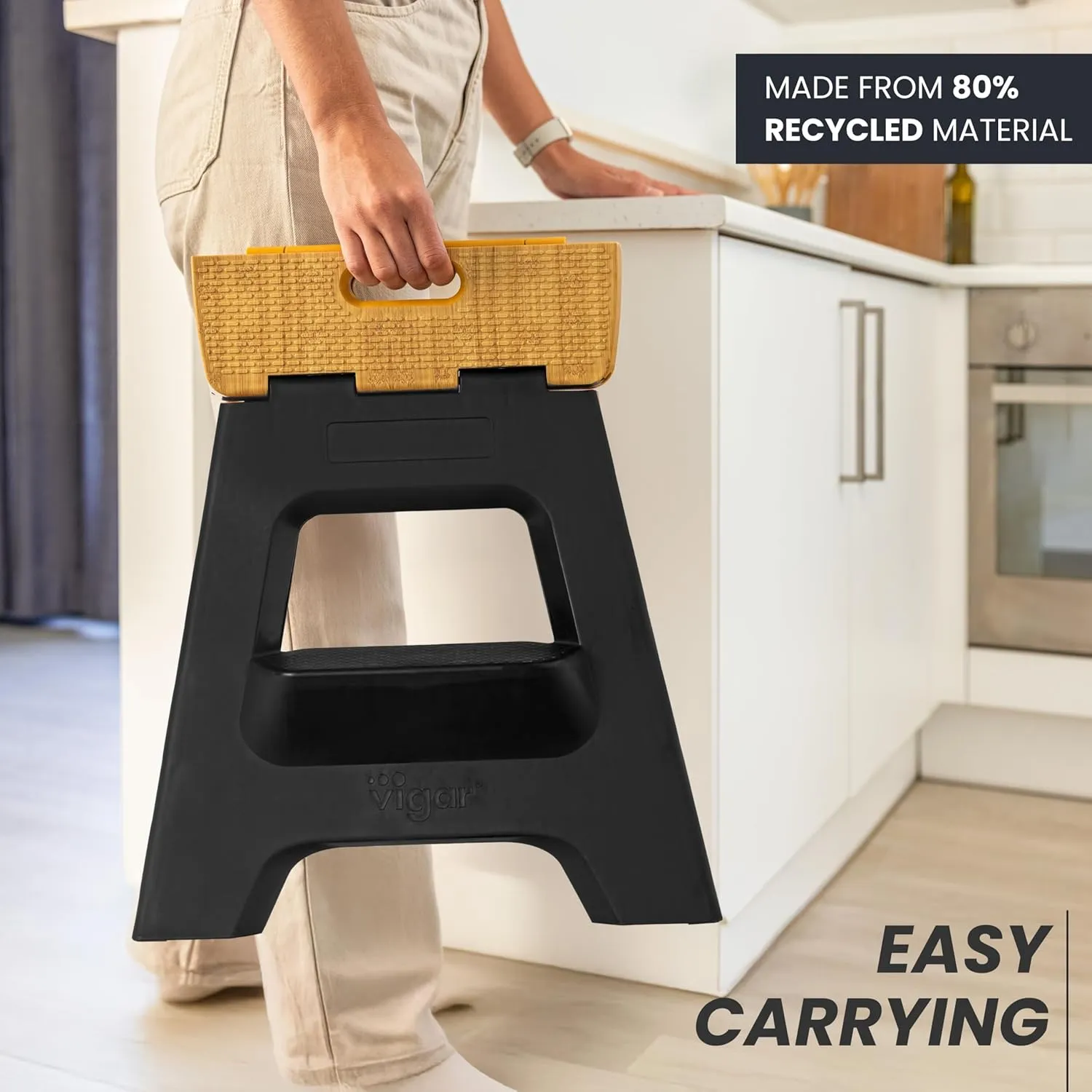 Vigar Compact Step Stool Foldable, 16-inch Two-Step Stools for Adults up to 330 Pound, Lightweight Stool, Non-Slip Folding Step Stool, Black, Bamboo on Top