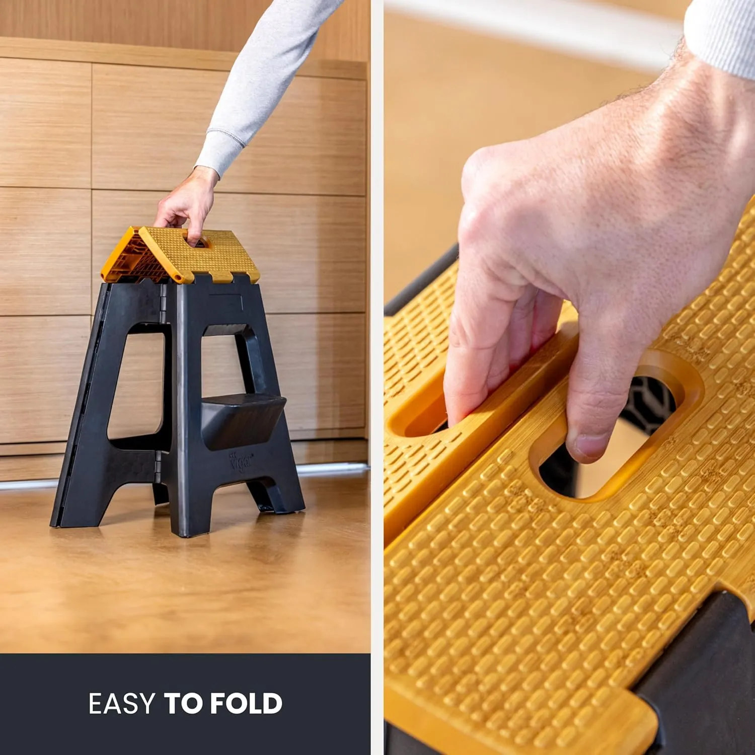 Vigar Compact Step Stool Foldable, 16-inch Two-Step Stools for Adults up to 330 Pound, Lightweight Stool, Non-Slip Folding Step Stool, Black, Bamboo on Top