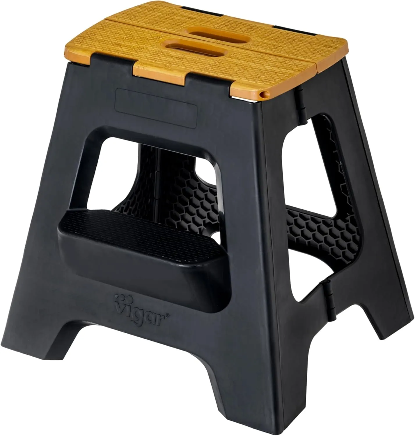 Vigar Compact Step Stool Foldable, 16-inch Two-Step Stools for Adults up to 330 Pound, Lightweight Stool, Non-Slip Folding Step Stool, Black, Bamboo on Top