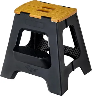 Vigar Compact Step Stool Foldable, 16-inch Two-Step Stools for Adults up to 330 Pound, Lightweight Stool, Non-Slip Folding Step Stool, Black, Bamboo on Top