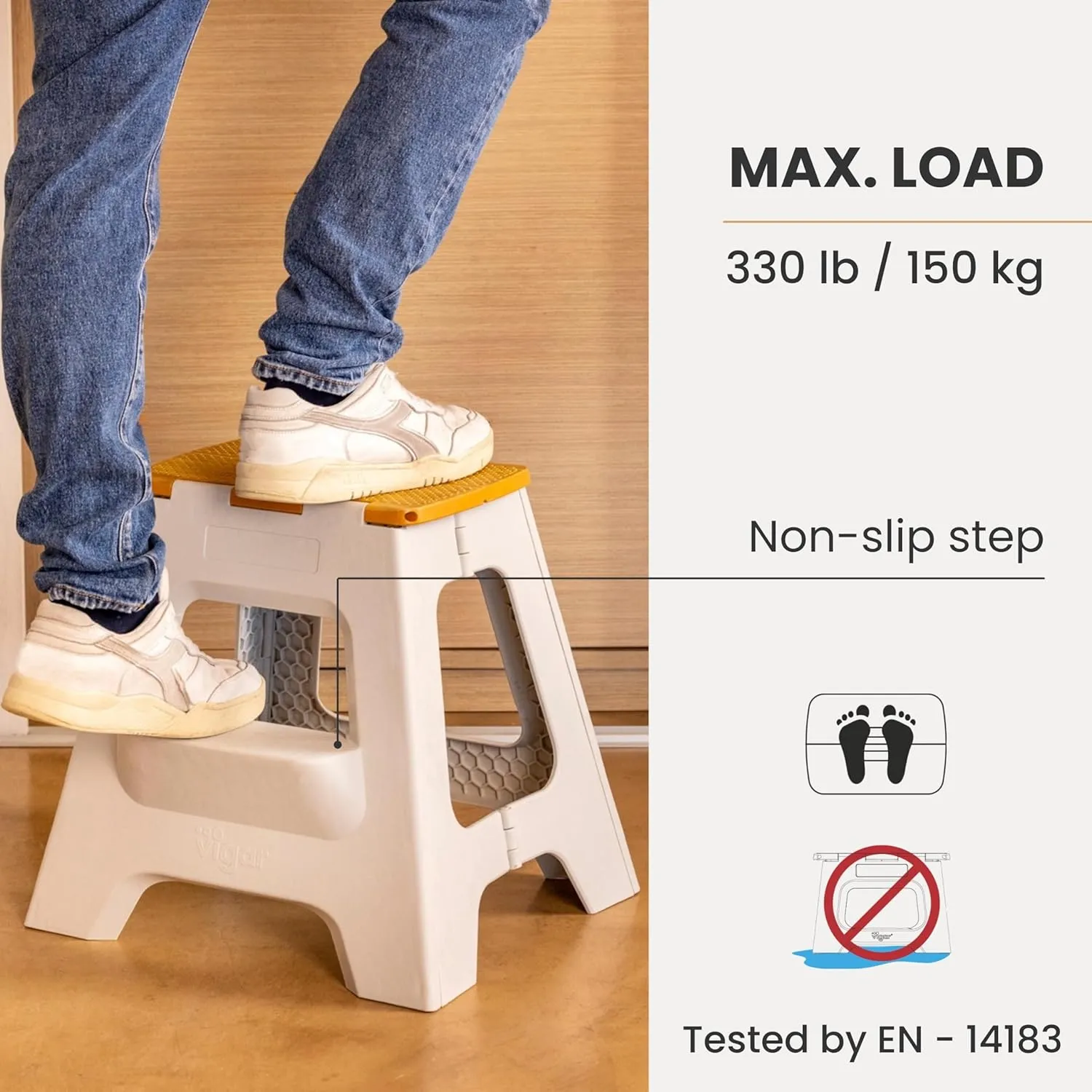 Vigar Compact Step Stool Foldable, 16-inch Two-Step Stools for Adults up to 330 Pound, Lightweight Stool, Non-Slip Folding Step Stool, Grey, Bamboo on Top