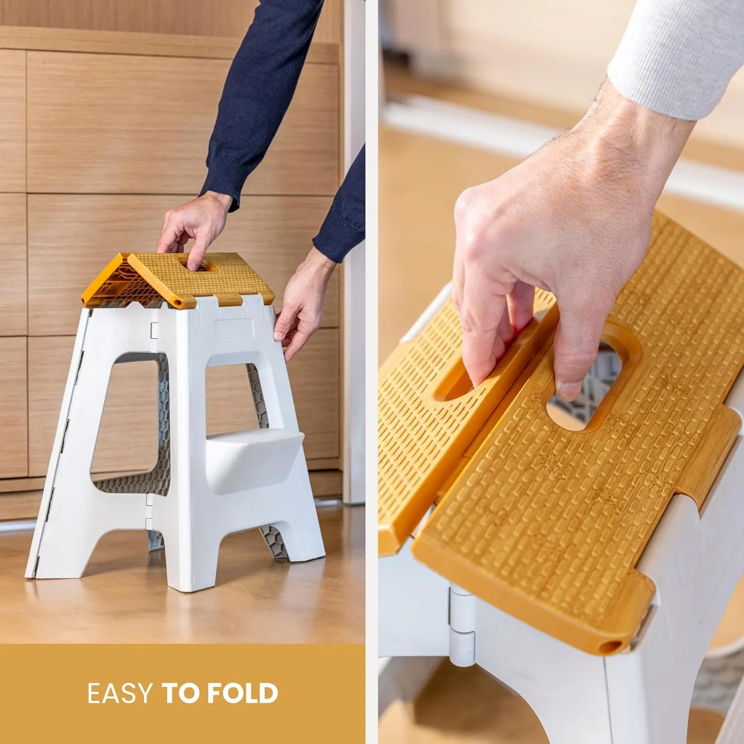 Vigar Compact Step Stool Foldable, 16-inch Two-Step Stools for Adults up to 330 Pound, Lightweight Stool, Non-Slip Folding Step Stool, Grey, Bamboo on Top