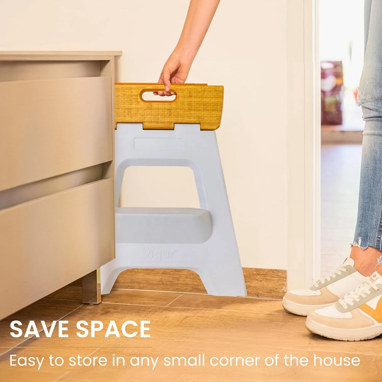 Vigar Compact Step Stool Foldable, 16-inch Two-Step Stools for Adults up to 330 Pound, Lightweight Stool, Non-Slip Folding Step Stool, Grey, Bamboo on Top