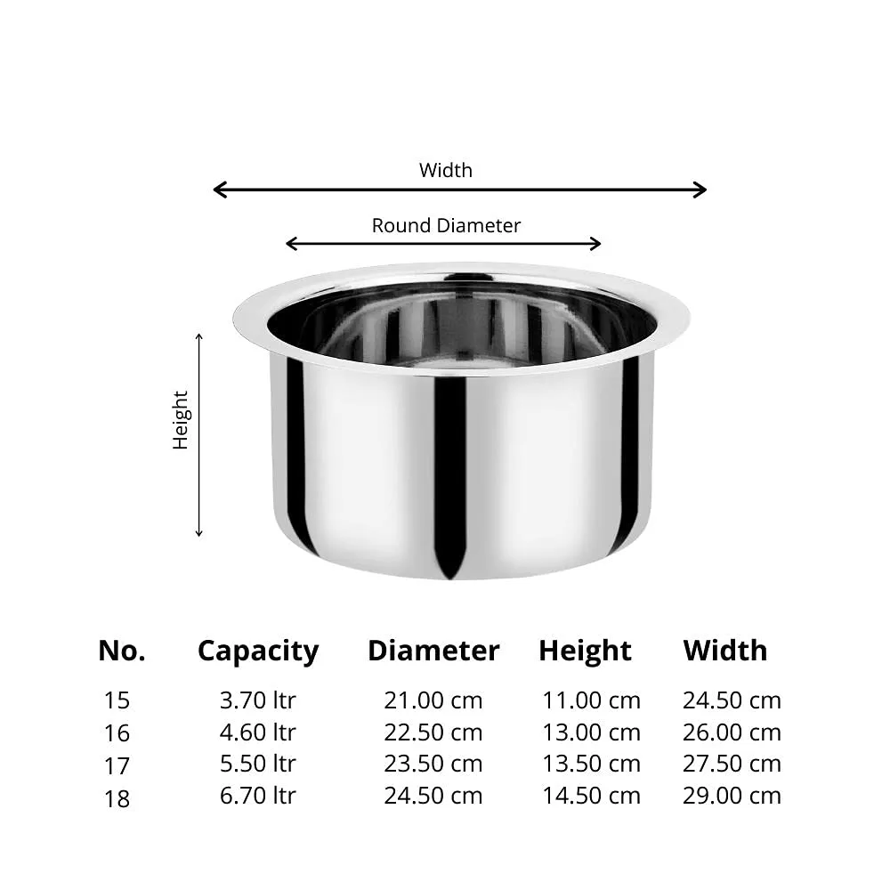 Vinod Stainless Steel Induction Friendly Flat Bottom Tope Without Lid – 4 Pieces Large Set – Capacity 3.70 Litre, 4.60 Litre, 5.50 Litre &#038; 6.70 Litre