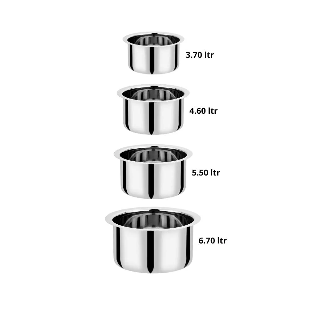 Vinod Stainless Steel Induction Friendly Flat Bottom Tope Without Lid – 4 Pieces Large Set – Capacity 3.70 Litre, 4.60 Litre, 5.50 Litre &#038; 6.70 Litre