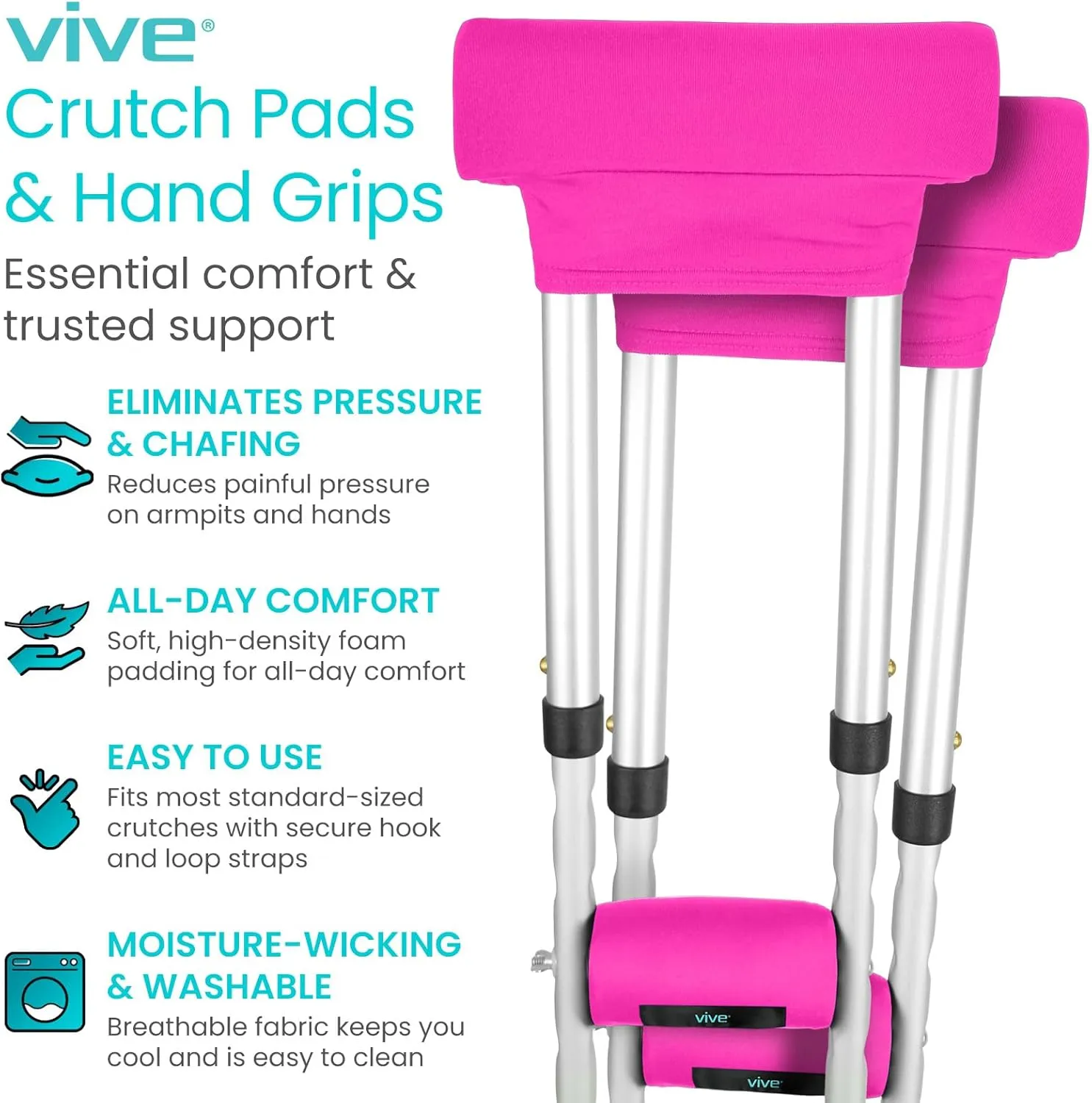 Vive Premium Crutch Pads & Hand Grips - Comfortable, Breathable, Machine Washable Padding - Moisture Wicking & Odor Reducing Pillow Accessory Covers for Adult & Youth Walking Crutches