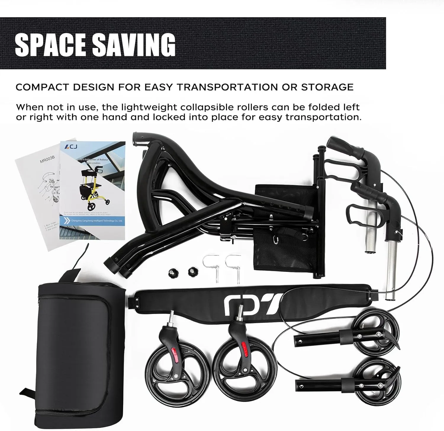 Walkers for Seniors with Seat,Rollator Walker with Foldable,8" Front Wheel,Height-Adjustable Seat,Equipped with Shopping Bag,Supports up to 300 lbs(Black-Shock-Absorbing Design)