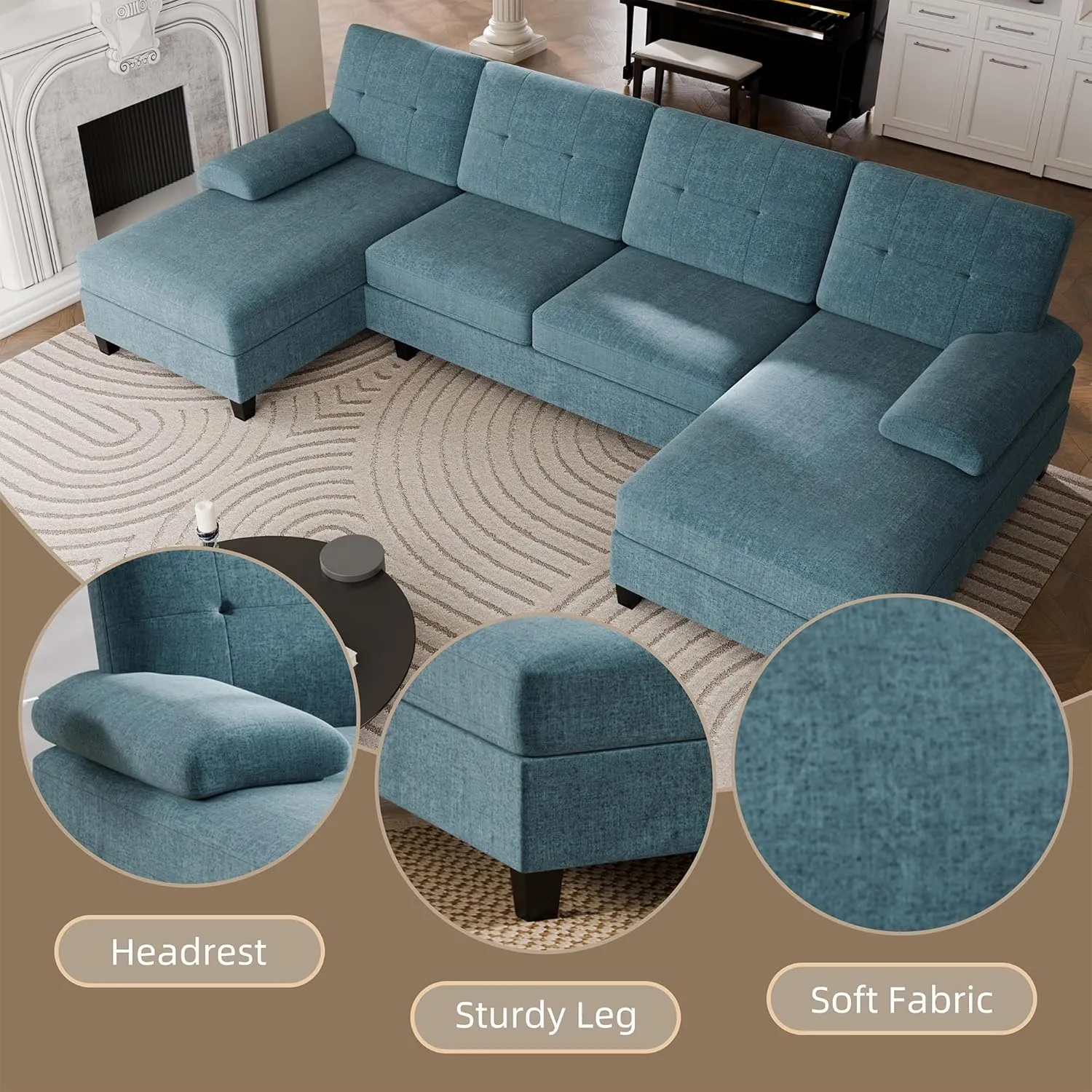 Walsunny Sectional Couches for Living Room, Convertible U-Shaped Sofa Couch with Double Chaise, 4 Seat Sofa Set Modular Sectional Sofa for Living Room, Apartment, Bedroom, New Blue