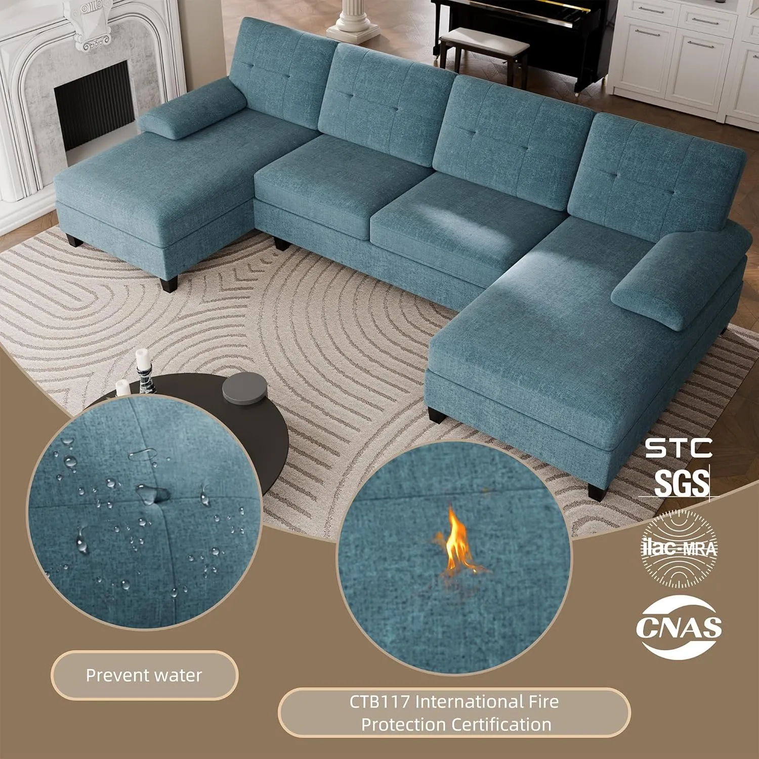 Walsunny Sectional Couches for Living Room, Convertible U-Shaped Sofa Couch with Double Chaise, 4 Seat Sofa Set Modular Sectional Sofa for Living Room, Apartment, Bedroom, New Blue