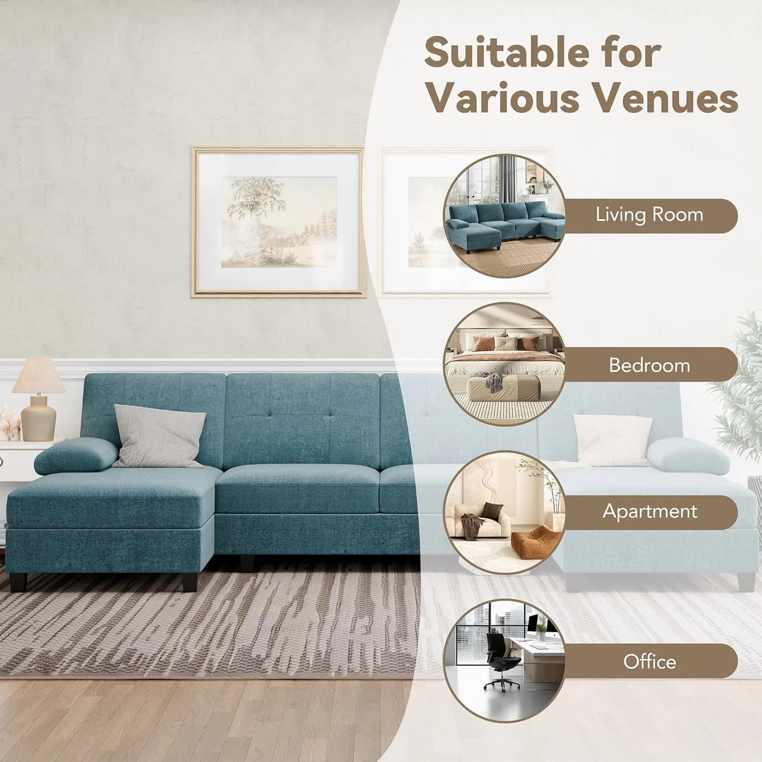 Walsunny Sectional Couches for Living Room, Convertible U-Shaped Sofa Couch with Double Chaise, 4 Seat Sofa Set Modular Sectional Sofa for Living Room, Apartment, Bedroom, New Blue