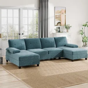Walsunny Sectional Couches for Living Room, Convertible U-Shaped Sofa Couch with Double Chaise, 4 Seat Sofa Set Modular Sectional Sofa for Living Room, Apartment, Bedroom, New Blue
