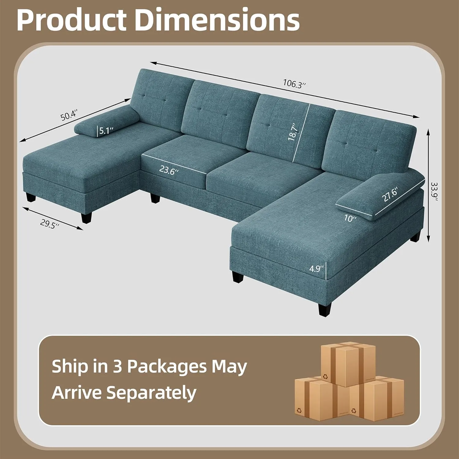 Walsunny Sectional Couches for Living Room, Convertible U-Shaped Sofa Couch with Double Chaise, 4 Seat Sofa Set Modular Sectional Sofa for Living Room, Apartment, Bedroom, New Blue