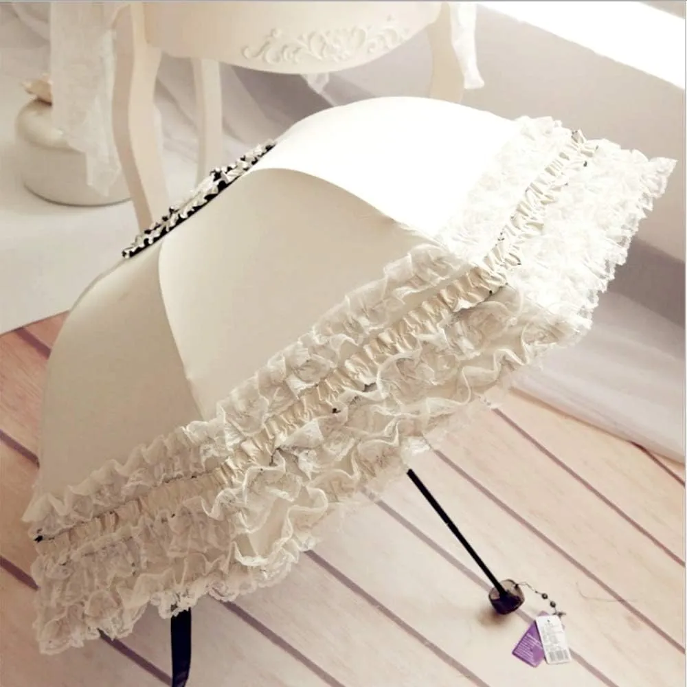 WANLIAN Lace Windproof Folding Sunny and Rainy Umbrella Ultraviolet-Proof Anti Sun UV Protection Parasol Umbrella