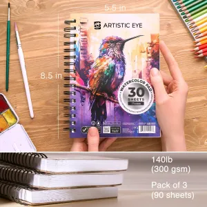 Watercolor Pads 5.5x8.5”, Pack of 3 (90 Sheets), Spiral Bound, Acid-Free Paper, 140lb (300gsm), Perfect for Most Wet & Dry Media, Ideal for Beginners, Artists & Professionals