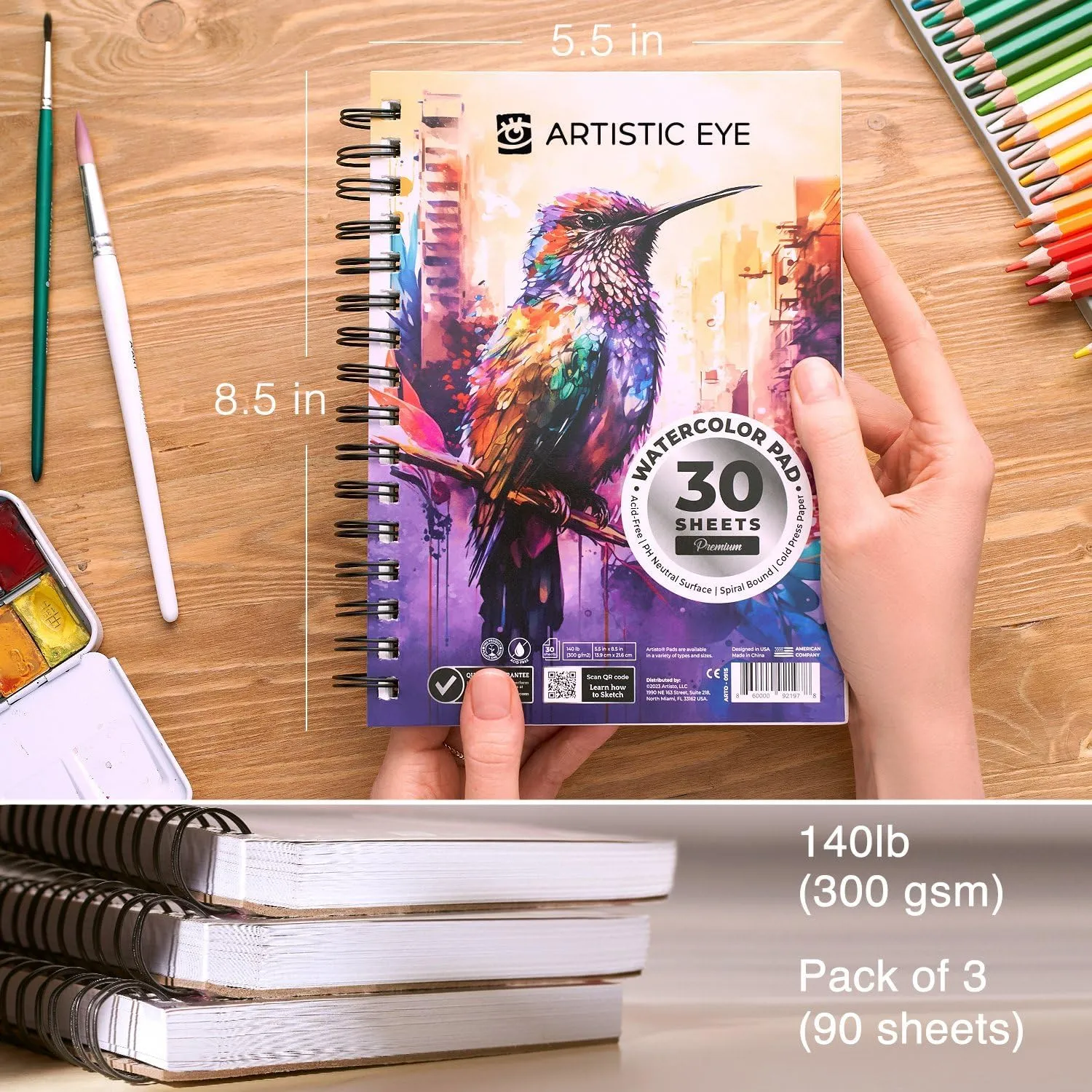 Watercolor Pads 5.5x8.5”, Pack of 3 (90 Sheets), Spiral Bound, Acid-Free Paper, 140lb (300gsm), Perfect for Most Wet & Dry Media, Ideal for Beginners, Artists & Professionals