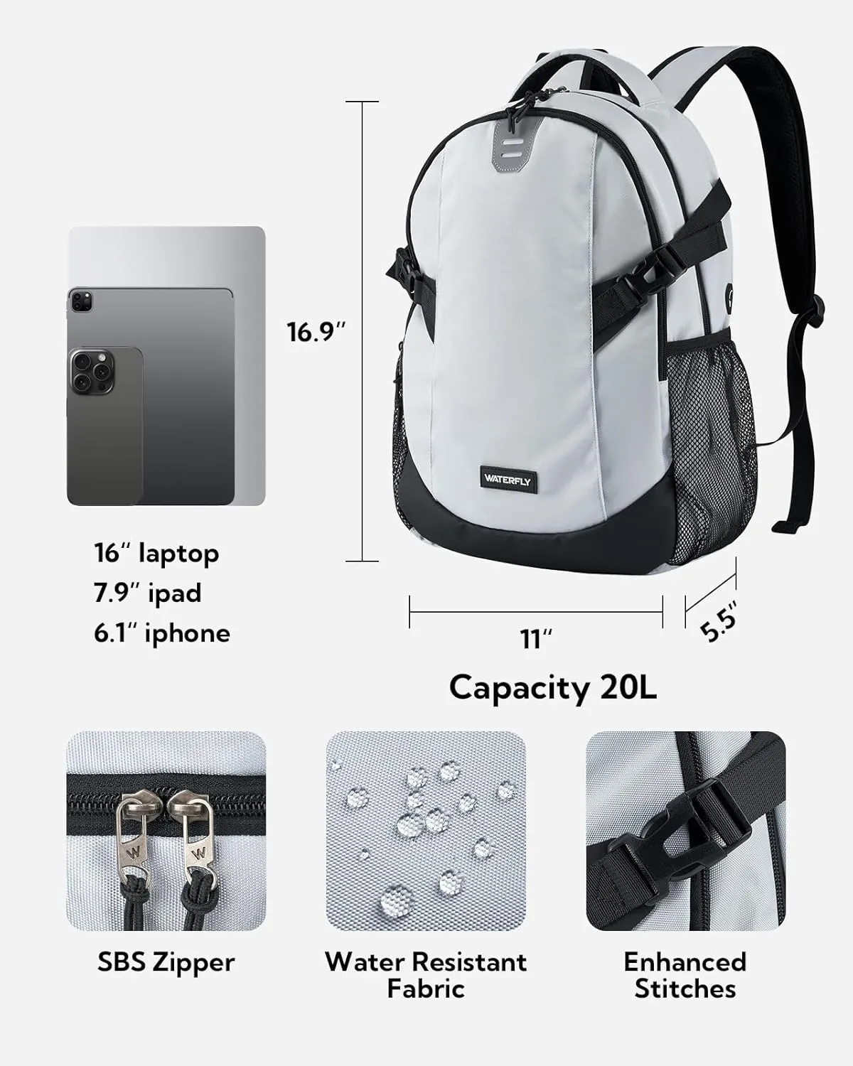 WATERFLY Casual Laptop Travel Backpack: 20L for Men Women Work Commuter Everyday EDC Daypack Hiking Gym Sport Workout Grey