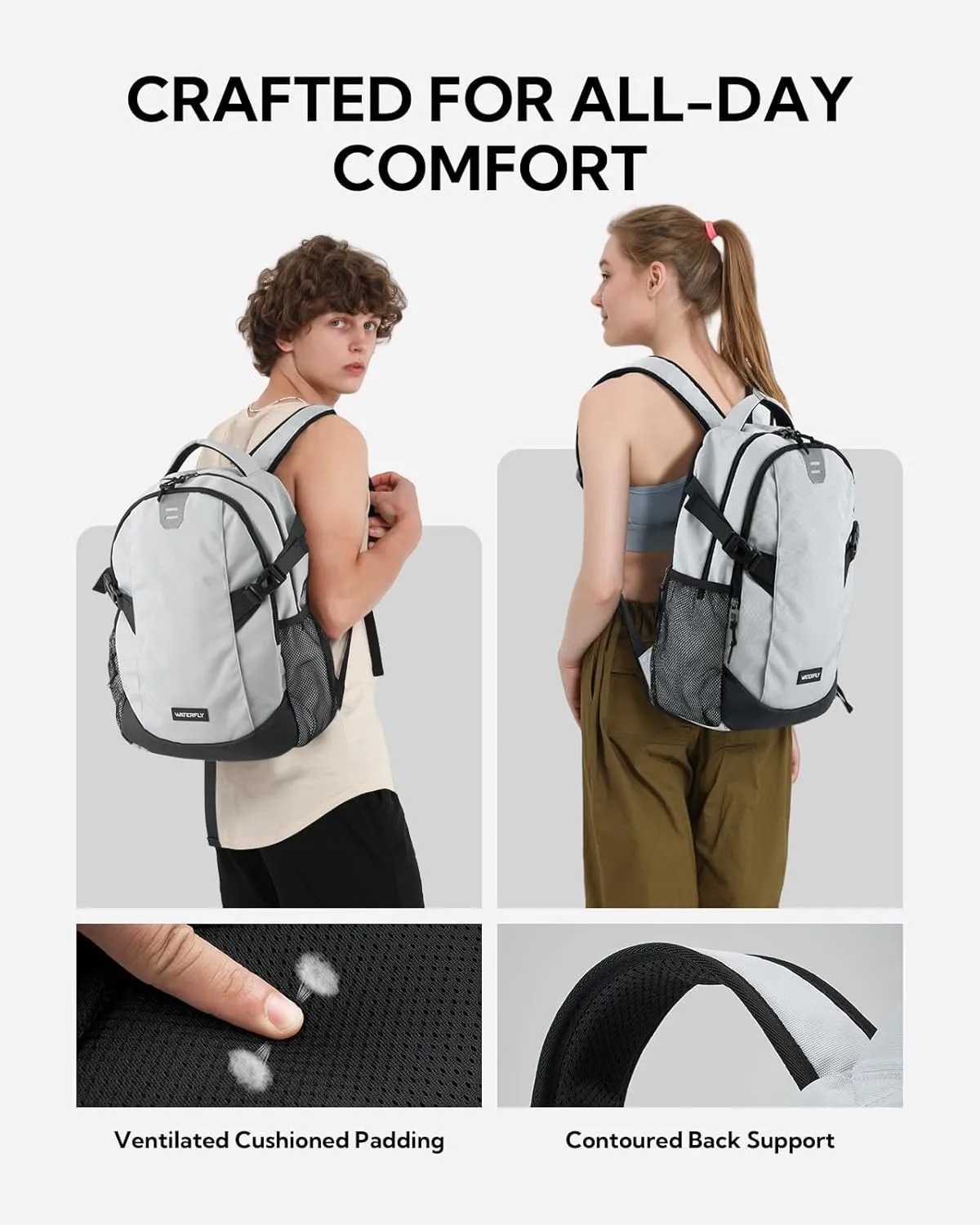 WATERFLY Casual Laptop Travel Backpack: 20L for Men Women Work Commuter Everyday EDC Daypack Hiking Gym Sport Workout Grey
