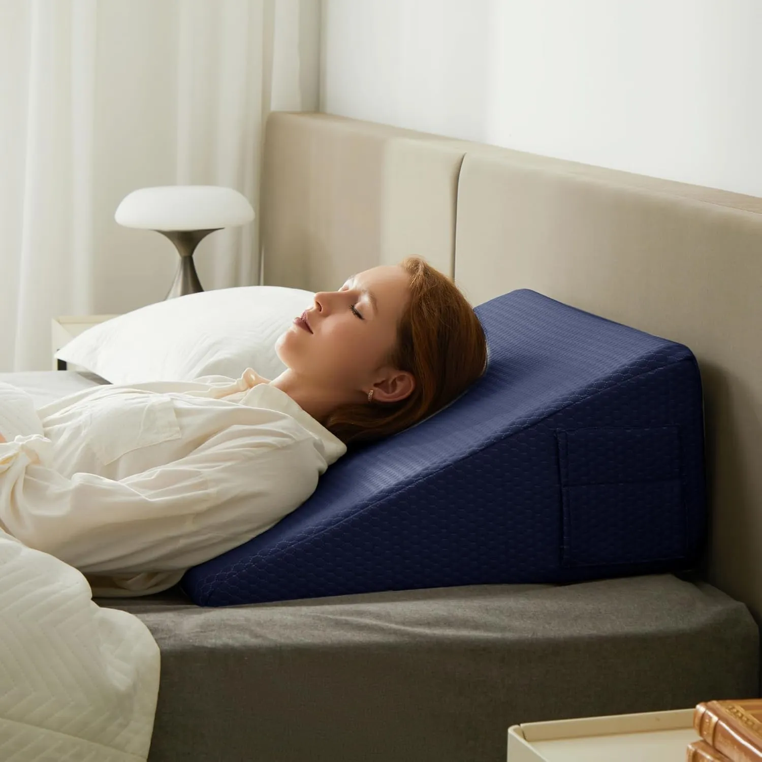 Wedge Pillow, 12 inch Elevated Bed Wedge Pillow, Breathable Triangle Cooling Memory Foam Top - Removable Washable Cover, Navy