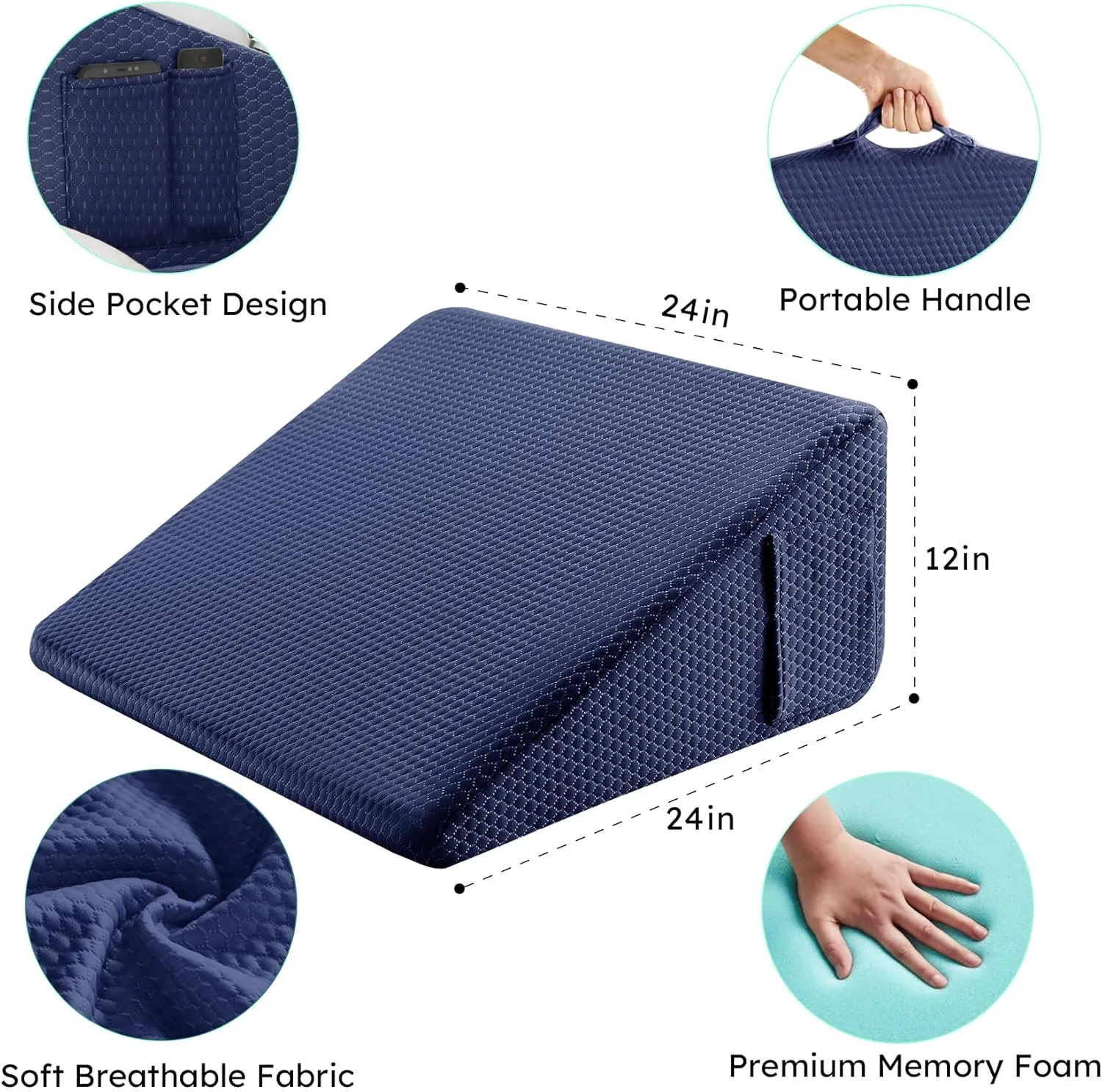 Wedge Pillow, 12 inch Elevated Bed Wedge Pillow, Breathable Triangle Cooling Memory Foam Top - Removable Washable Cover, Navy