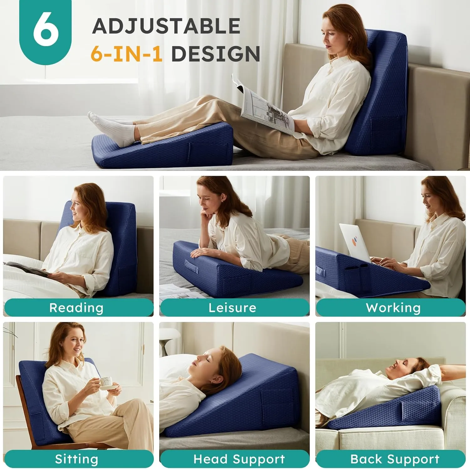 Wedge Pillow, 12 inch Elevated Bed Wedge Pillow, Breathable Triangle Cooling Memory Foam Top - Removable Washable Cover, Navy