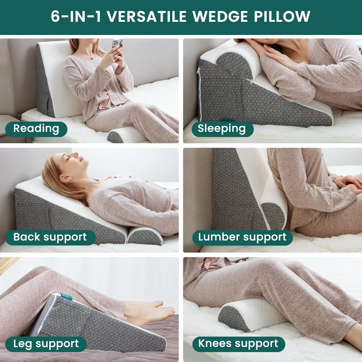 Wedge Pillow with Extra Bolster, Bed Wedge Pillow for Sleep Apnea, Acid Reflux Relief, Back Pain, After Surgery, 30 Degree Wedge Pillow for Sleeping Foam Wedge Cushion for Headboard