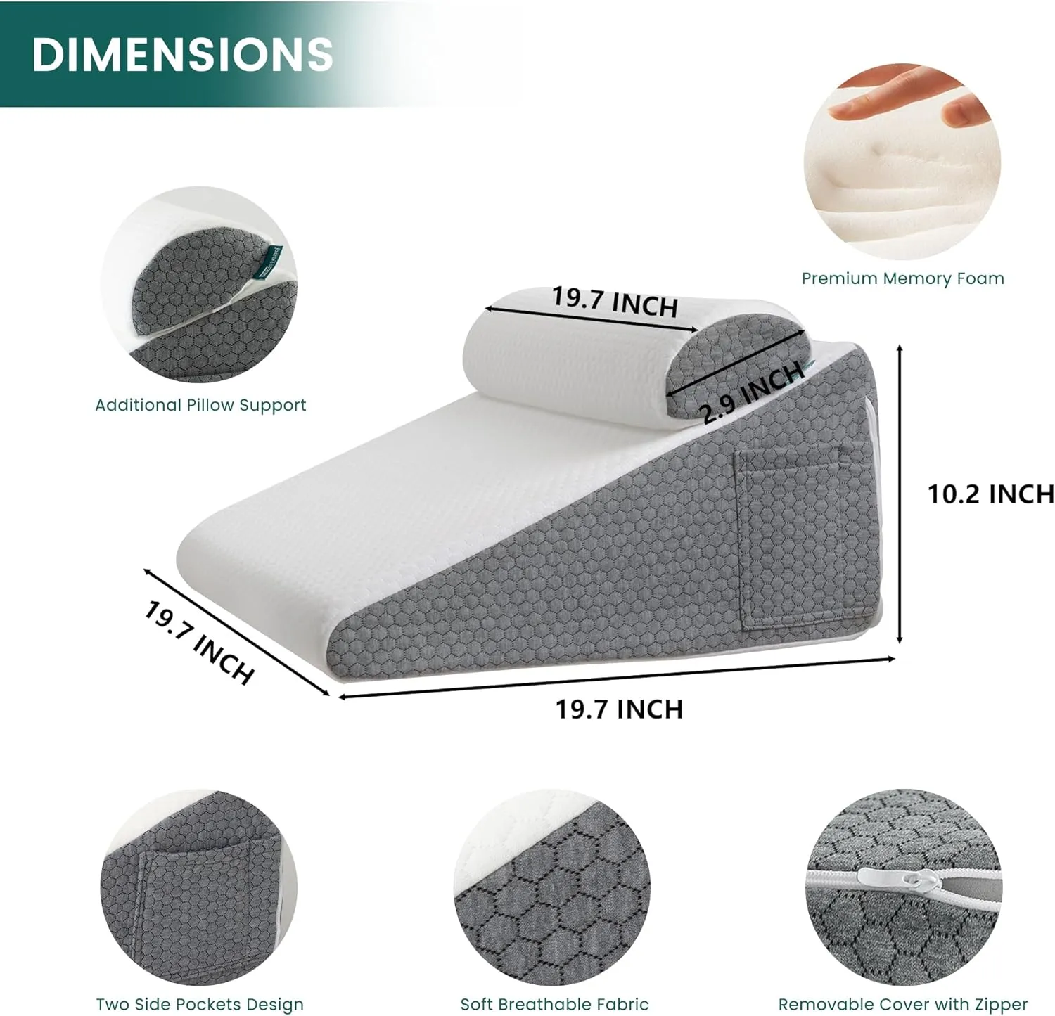 Wedge Pillow with Extra Bolster, Bed Wedge Pillow for Sleep Apnea, Acid Reflux Relief, Back Pain, After Surgery, 30 Degree Wedge Pillow for Sleeping Foam Wedge Cushion for Headboard