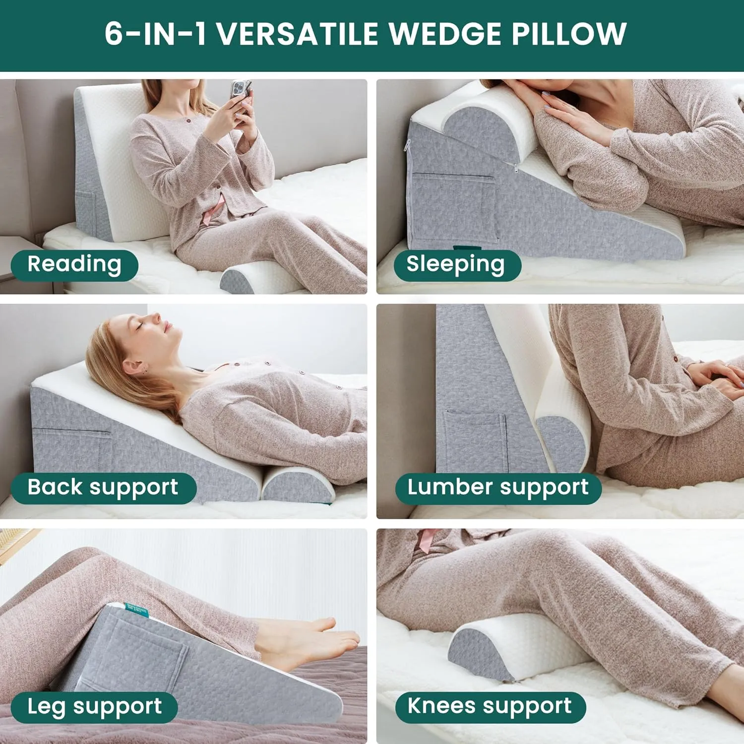Wedge Pillow with Extra Bolster, Bed Wedge Pillow for Sleep Apnea, Acid Reflux Relief, Back Pain, After Surgery, 30 Degree Wedge Pillow for Sleeping Foam Wedge Cushion for Headboard
