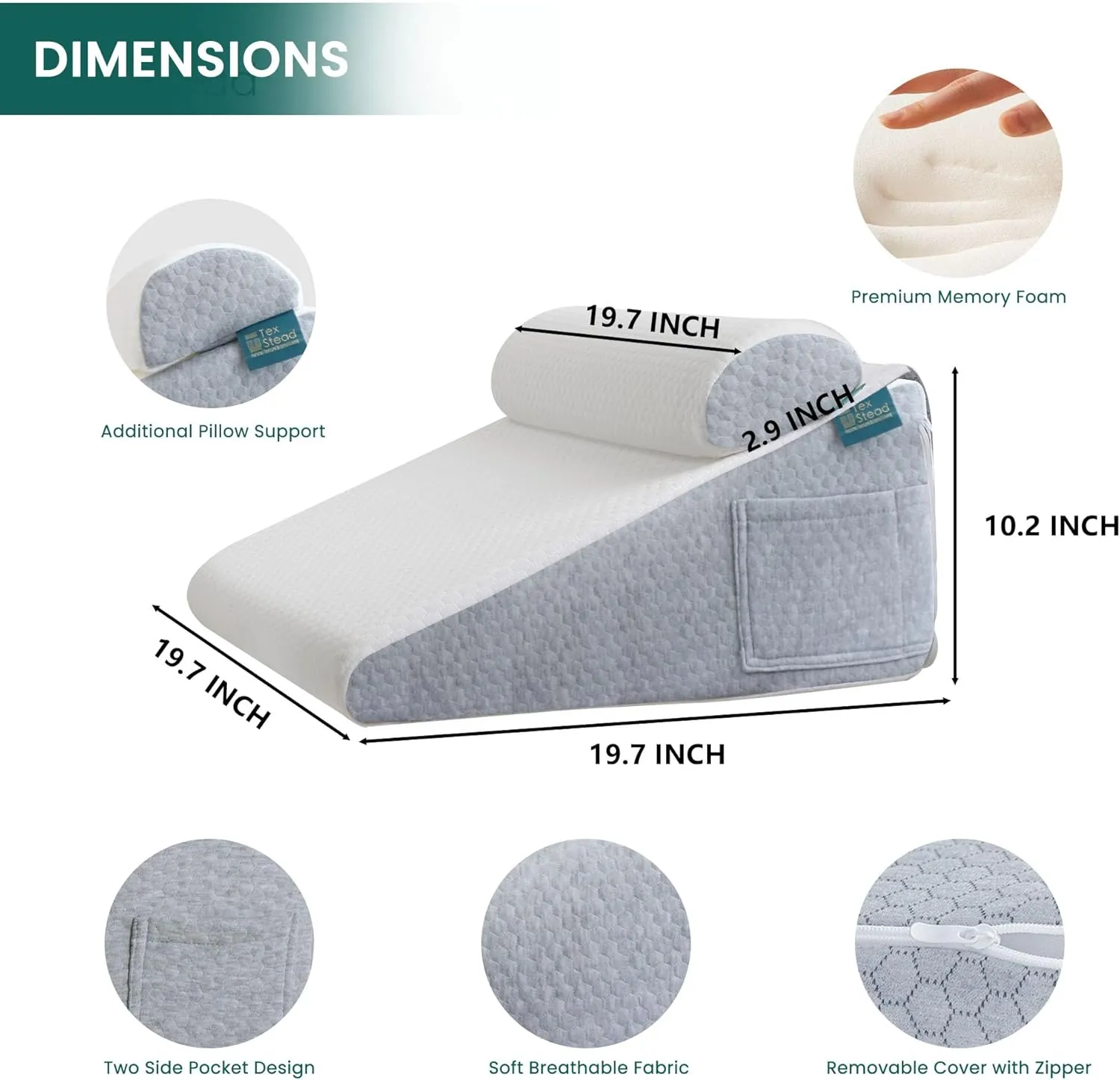 Wedge Pillow with Extra Bolster, Bed Wedge Pillow for Sleep Apnea, Acid Reflux Relief, Back Pain, After Surgery, 30 Degree Wedge Pillow for Sleeping Foam Wedge Cushion for Headboard