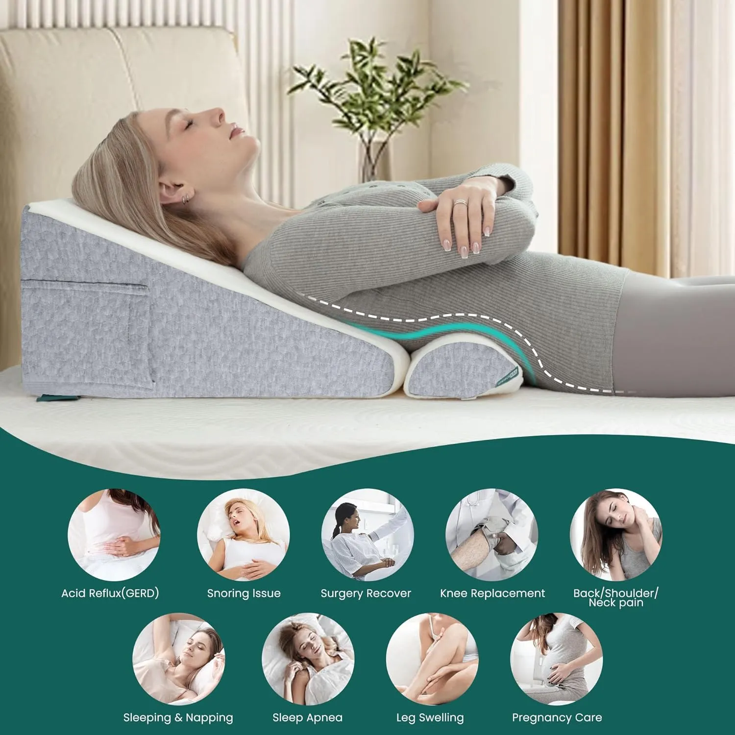 Wedge Pillow with Extra Bolster, Bed Wedge Pillow for Sleep Apnea, Acid Reflux Relief, Back Pain, After Surgery, 30 Degree Wedge Pillow for Sleeping Foam Wedge Cushion for Headboard