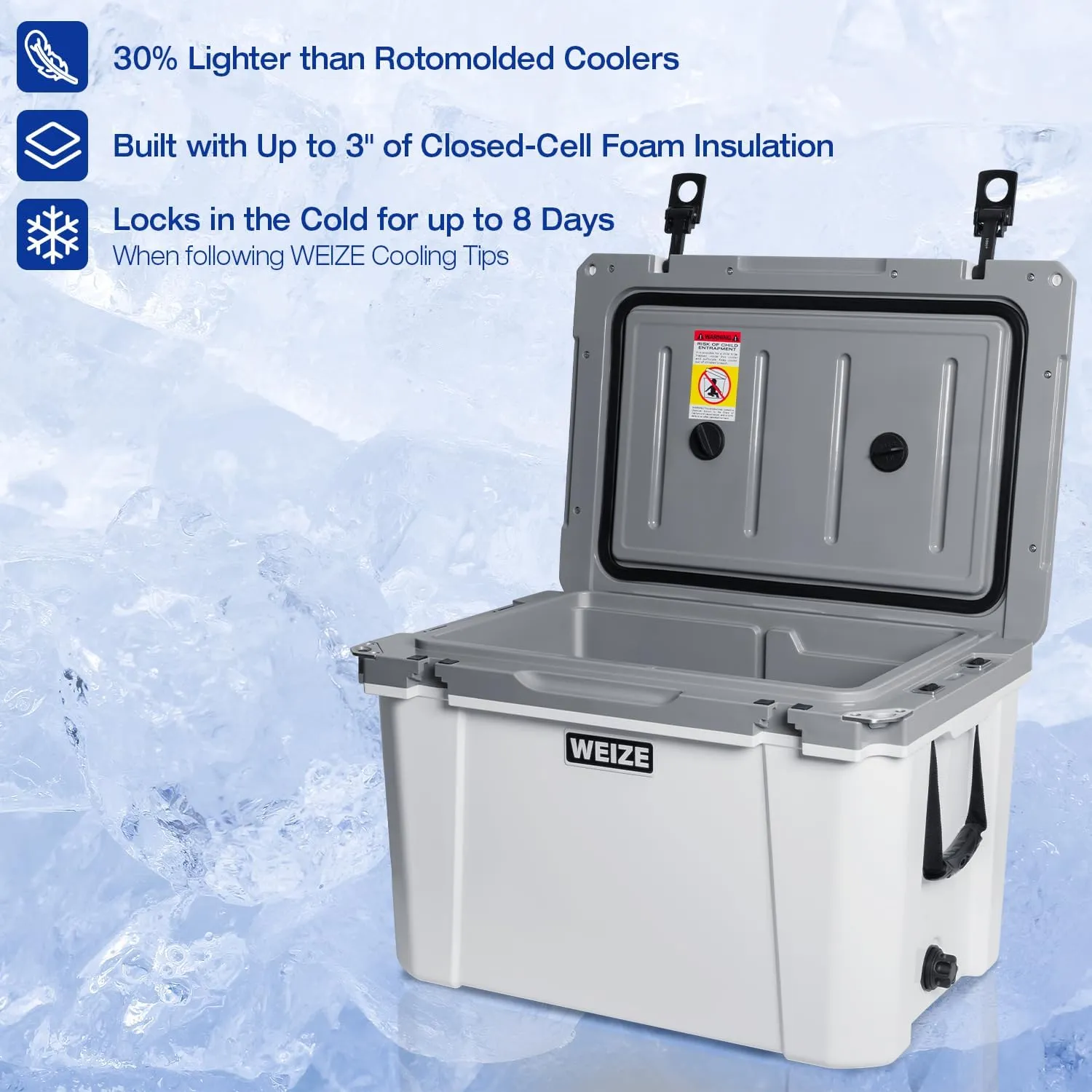 WEIZE Ultra-Light 55 Quart Hard Cooler Insulated Portable Ice Chest Box with Bottle Opener, Keeps Cold up to 8 Days for Beach, Drink, Beverage, Camping, Picnic, Fishing, Boat, Barbecue, White