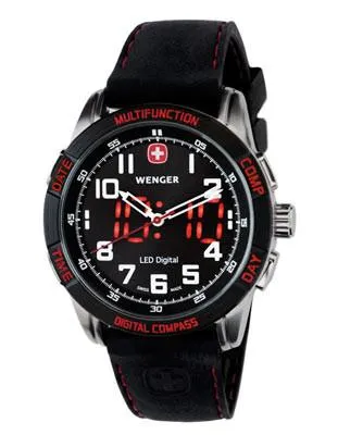 Wenger Nomad LED Compass Watch - Stainless - Black Dial - Silicone Strap